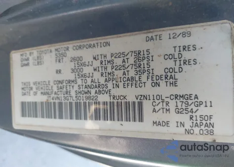 1990 Toyota Pickup 1/2 Ton Ex Long Whlbs Sr5 z USA, uszkodzony, nr VIN JT4VN13G7L5019822